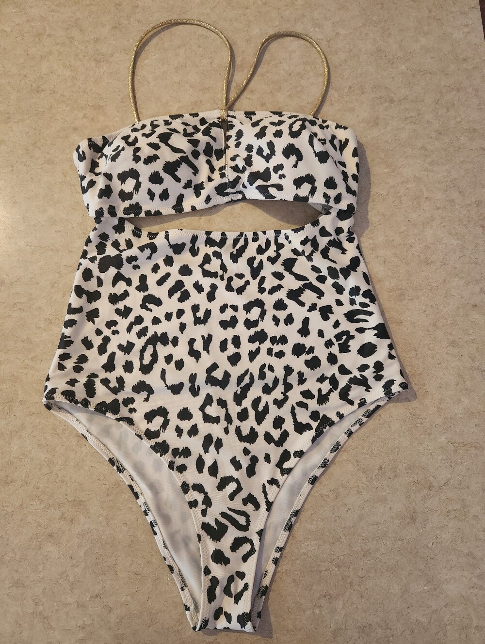 aerie White One-Piece Swimsuit with Black Leopard Print